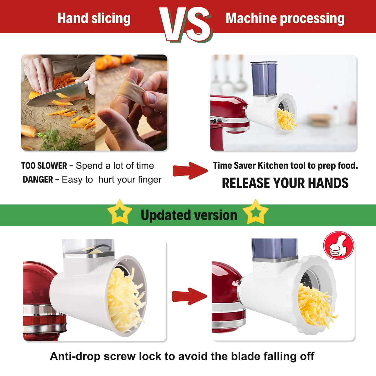 Upgraded Slicer/Shredder Attachments for All KitchenAid Stand Mixers, Food Slicers Cheese Grater Attachment, Salad Maker Accessory Vegetable Chopper with 4 Blades - Dishwasher Safe