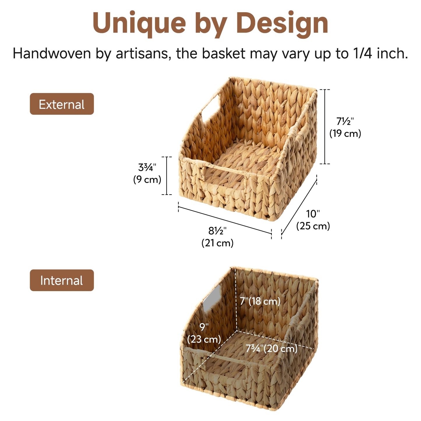 StorageWorks Pantry Wicker Storage Baskets for Organizing with Built-in Handles, Handwoven Basket for Shelves, Natural Water Hyacinth, 8½"L x 10"W x 7½"H, 2 Pack