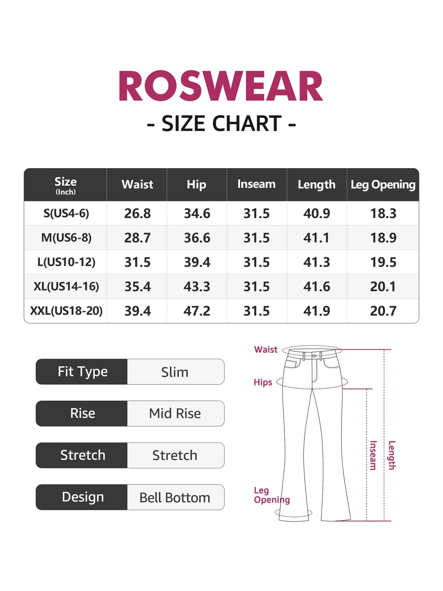 roswear Womens Mid Waist Bell Bottom Stretchy Flare Jeans Pants, Blue, Small