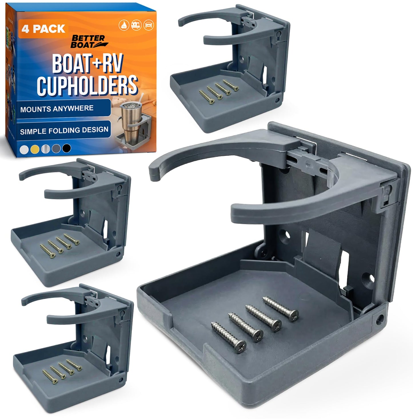 Boat Cup Holder, Set of 4 Folding Drink Holders, Wall Mountable for Boat, RV, and Motorhome, Marine Grade, Gray Color