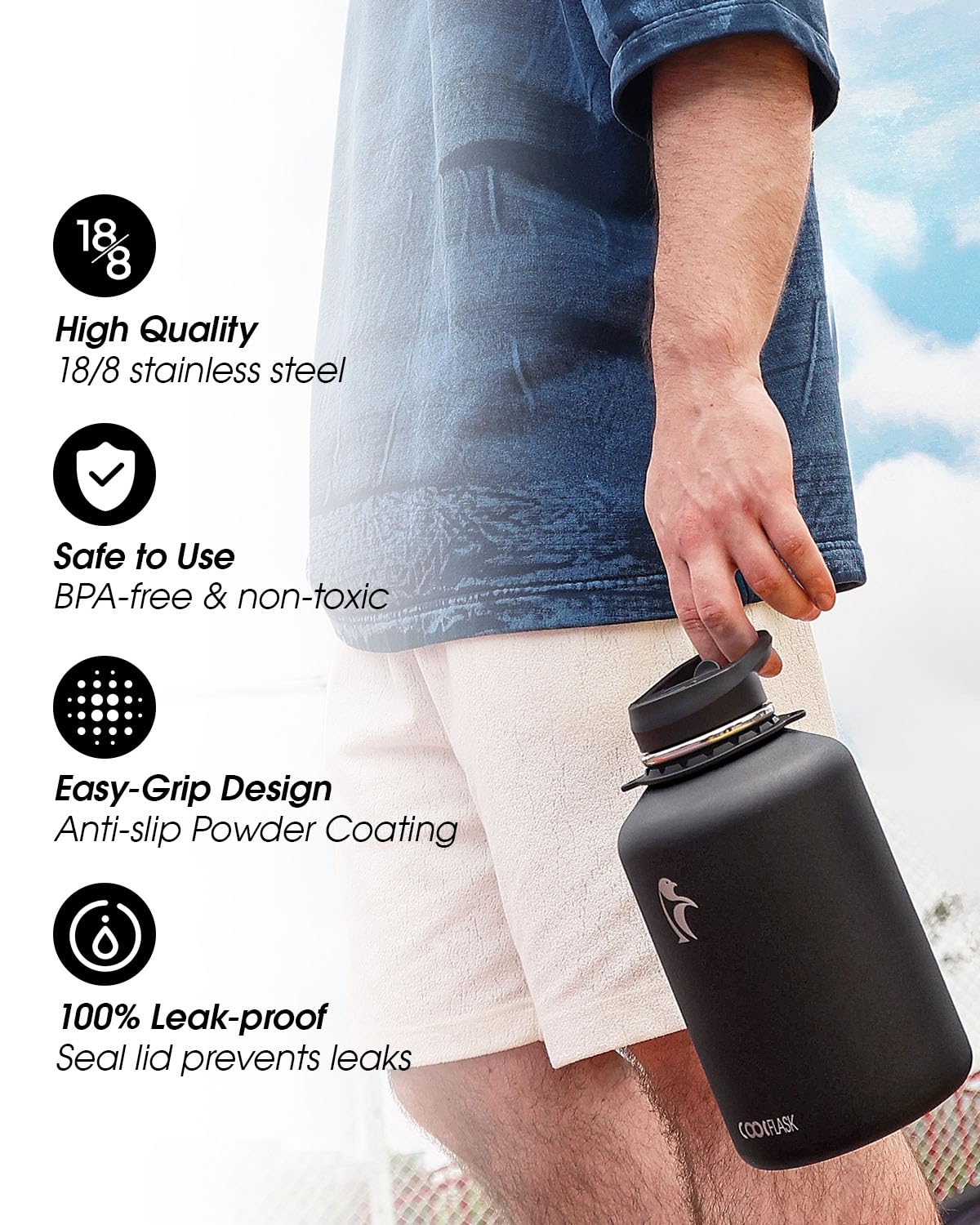 Coolflask Insulated Water Bottle 1893 ml with Strap, Stainless Steel Water Jug with Straw and Spout Lid, Large Metal Water Bottle, Leak-proof and BPA-Free, Black