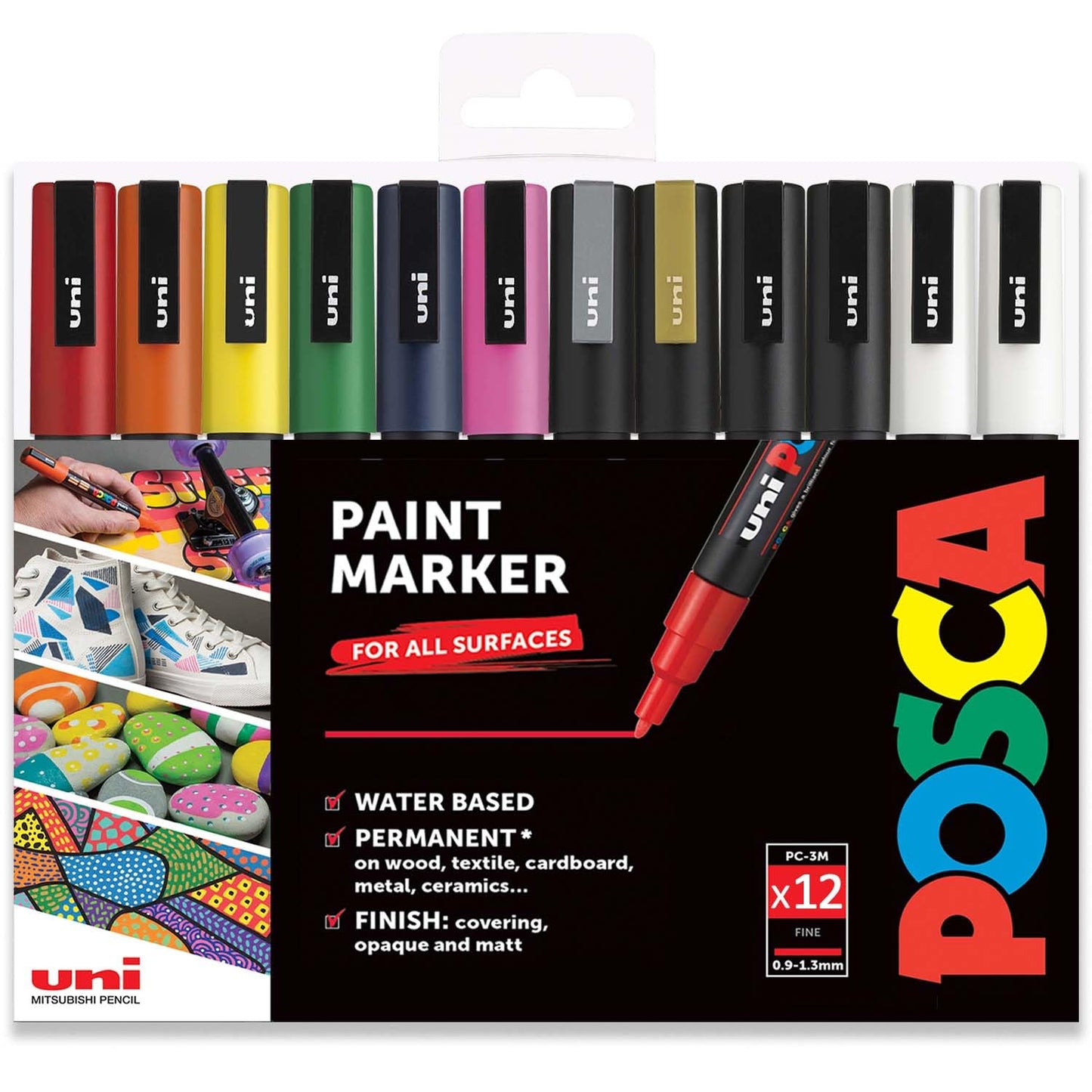 Posca PC-3M Water Based Permanent Marker Paint Art Pen - Professional 12 Pen Set - Extra Black + White
