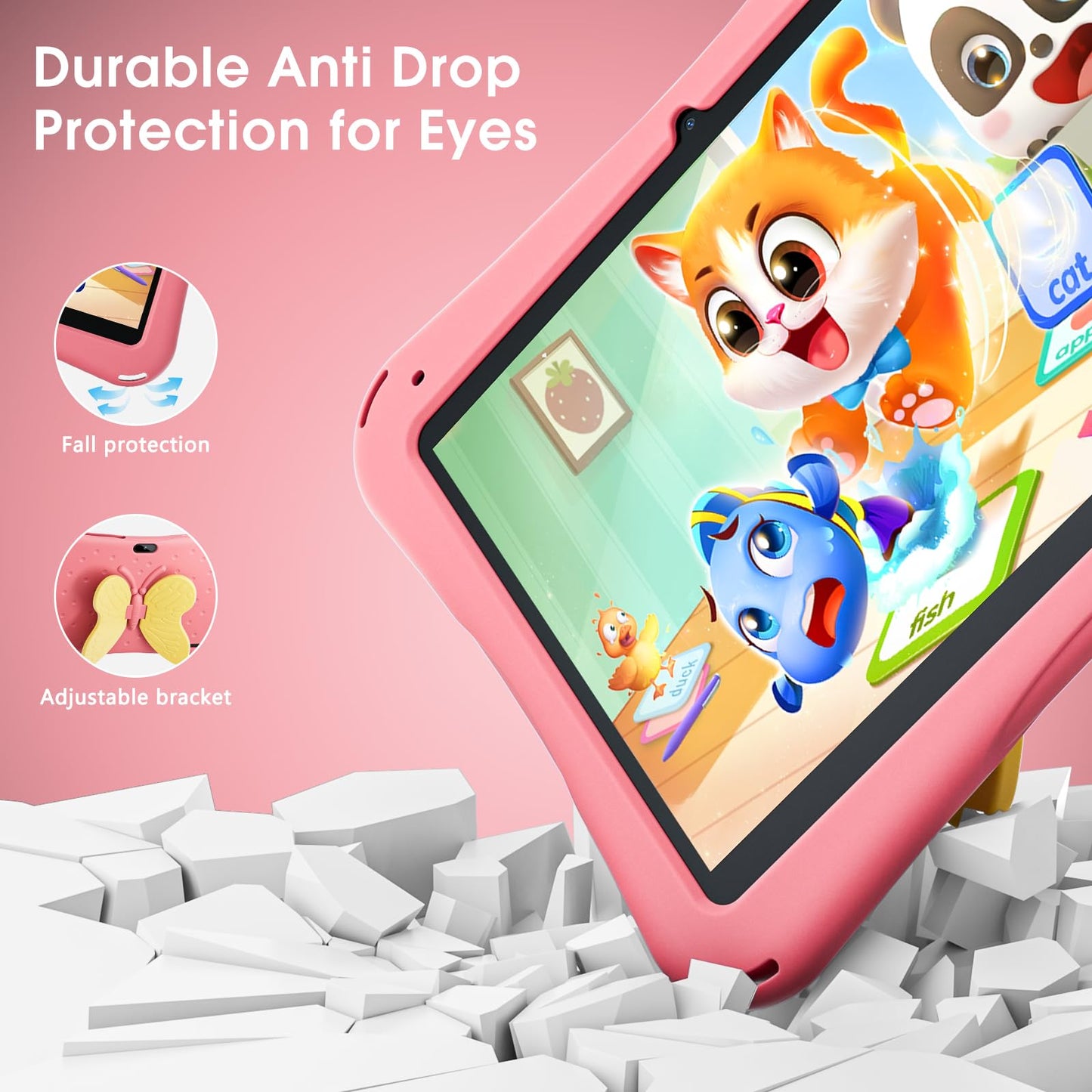Android Tablet 10.1 inch,Tablet for Kids with Kids Case, 4(2+2) GB RAM 64GB ROM, 5000mAh, 1280 * 800 Display, Dual Camera, WiFi, Kidoz Pre Installed, Parental Control, Android 13, Pink