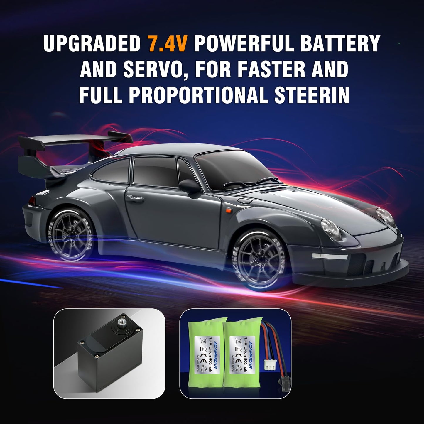 ACAMMZAR RC Drift Car with Gyro, 1:24 Full Proportional Remote Control Car, 25KM/H 4WD High Speed RC Cars with Lights, Extra Racing Tires, Vehicle for Adults Kids Boys Girls, Gray