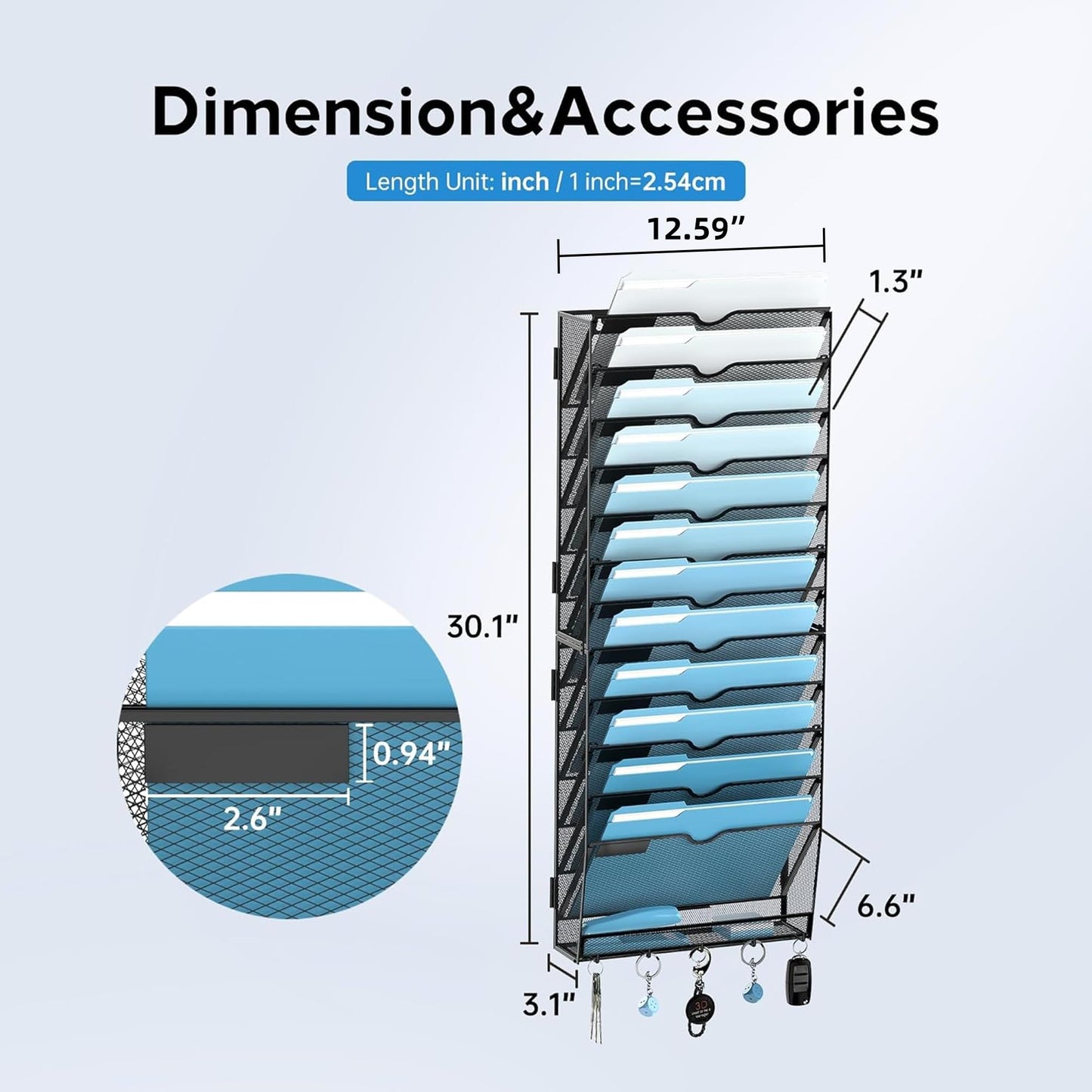 SUPEASY 13-Tier Hanging File Organizer Vertical Wall File Organizer Wall File Holder, Mesh Magazine Rack Mail Document Organizer for Office School Home,Black