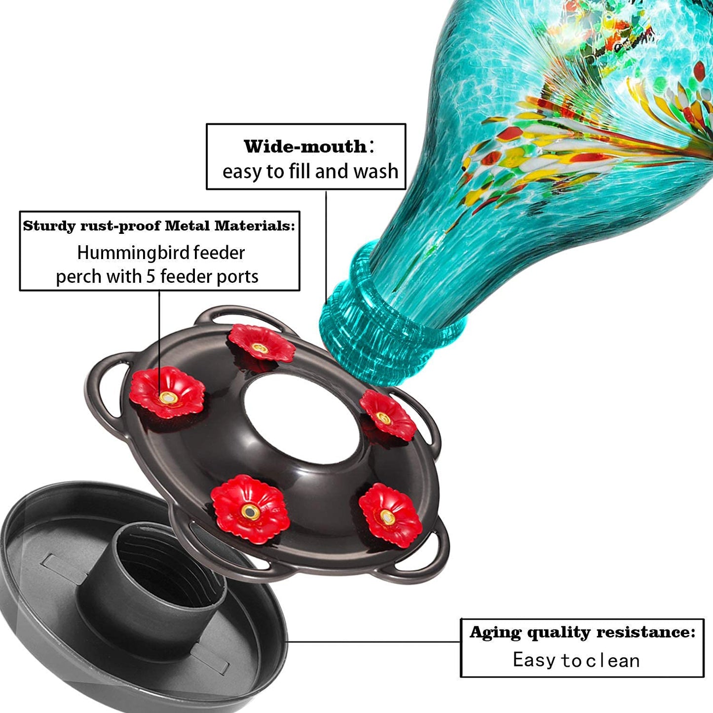 LUJII Hand Blown Glass Hummingbird Feeder for Outdoors Hanging, Leakproof, Never Fade, 36 fl.oz, 5 Feeding Metal Stations, Much Bigger, Garden Backyard Decoration, Great Gift for Bird Lover, Blue