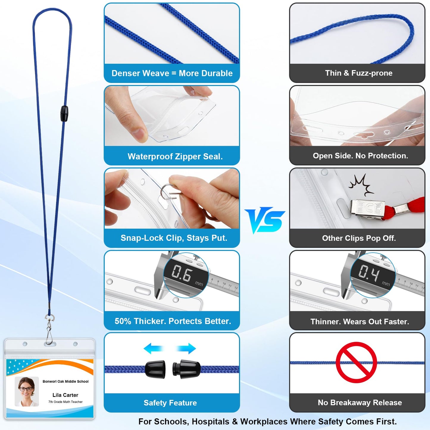 Breakaway Lanyards for ID Badges, 100 Pack Blue Safety Lanyards with Horizontal ID Card Holder, Bulk Clear Waterproof Name Badge Holder with Lanyard for School, Office, Healthcare & Events