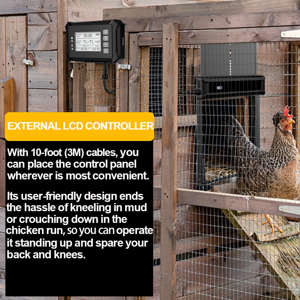 Large Size Automatic Chicken Coop Door Solar Powered Chicken Door with Independent LCD Display and Remote Control, Anti-Pinch & Aluminum Alloy Weather Proof Electric Coop Accessories with 4 Modes