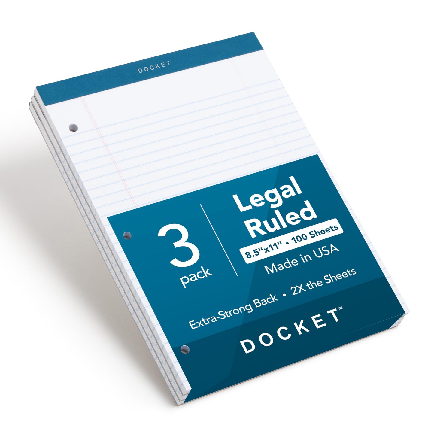 TOPS Double Docket Double Docket Writing Tablet with Extra Rigid Back, 8-1/2 x 11-3/4 Inches, Perforated, White, Legal/Wide Rule, 100 Sheets per Pad, 3 Pads per Pack (63393)