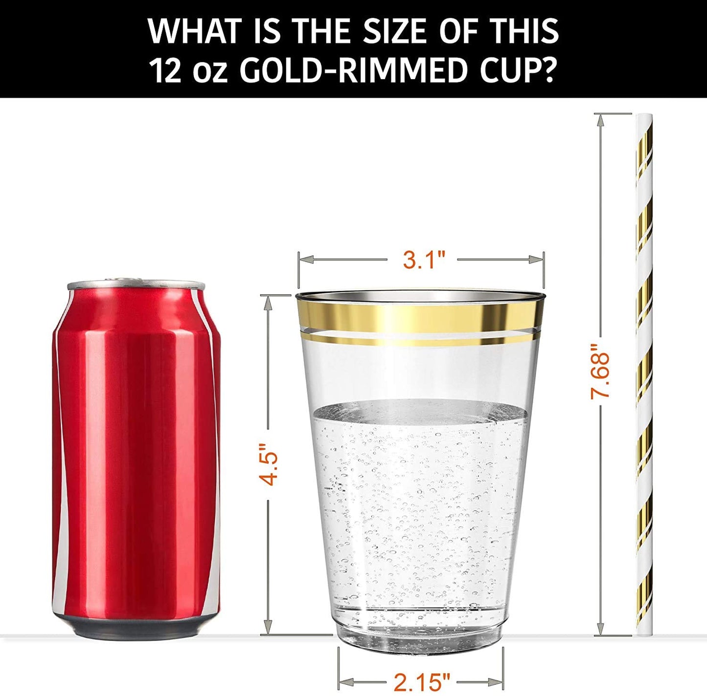 12 oz Gold Rim Plastic Cups with Eco-Friendly Paper Straws - 100 Elegant Clear Rimmed Cocktail & Dessert Tumblers for Weddings & Special Events - Reusable - with Drinks Recipe eBook