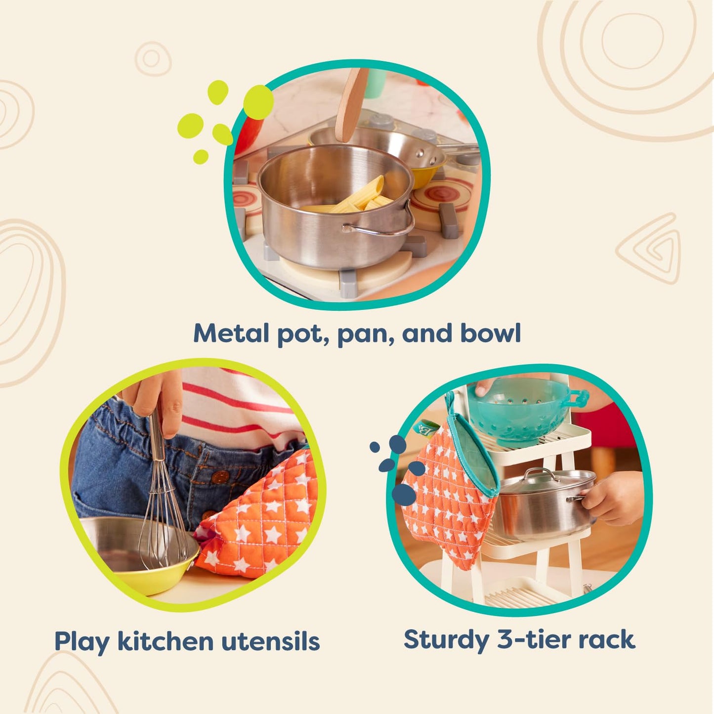 B. Toys – Mini Chef Pot & Pan Playset – Pretend Play Kitchen Accessories – Includes Pot, Pan & Role – Play Cookware – Cooking Toys for Kids – Pretend Play Set – 3+ Years (9 Pieces)
