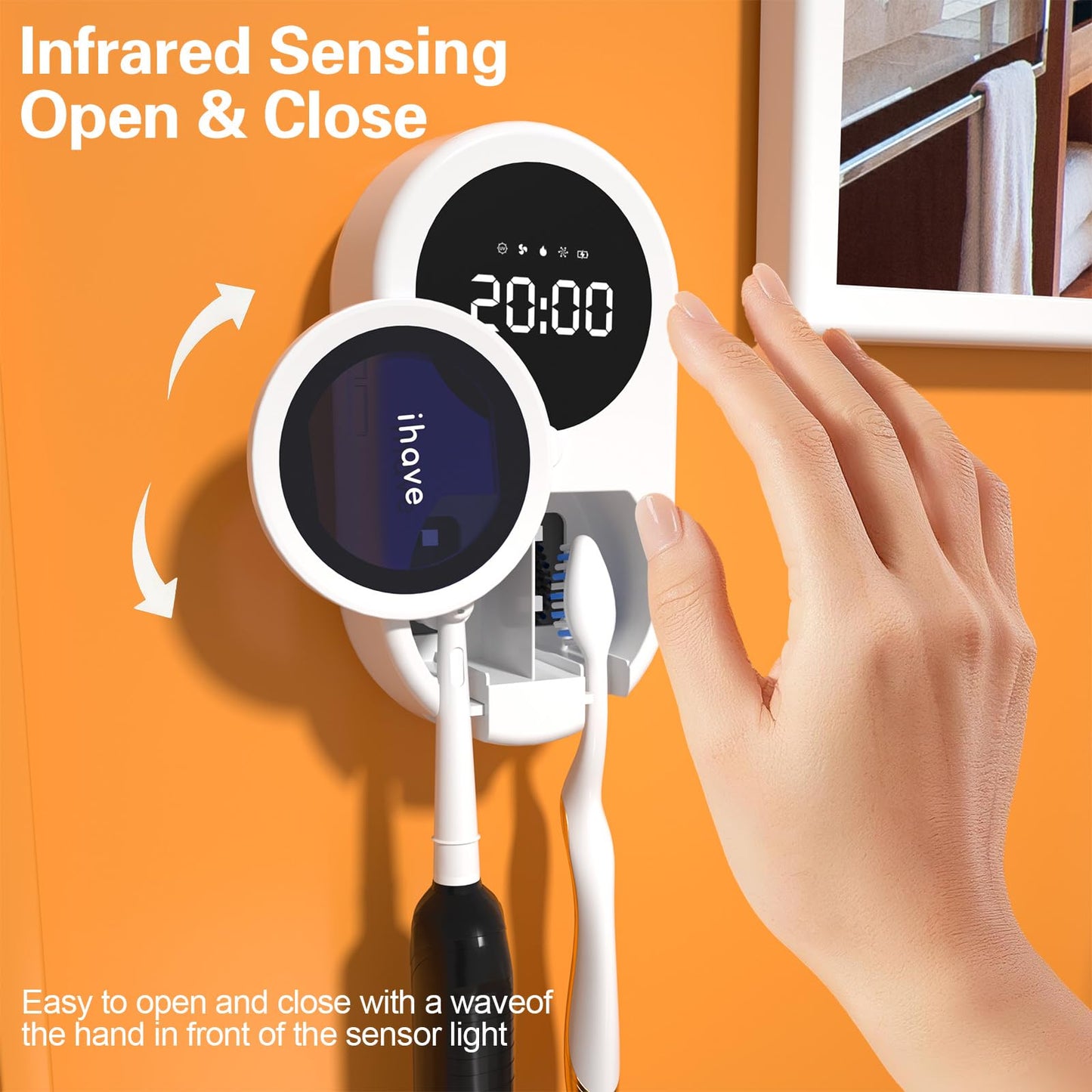 iHave Toothbrush Sanitizer and Holder, UV Toothbrush Holders with 100M Negative Ions for 360° Disinfection, Mold Prevention & Odor Removal, 2-Slot Heated & Fan Drying Toothbrush Holder Wall Mounted