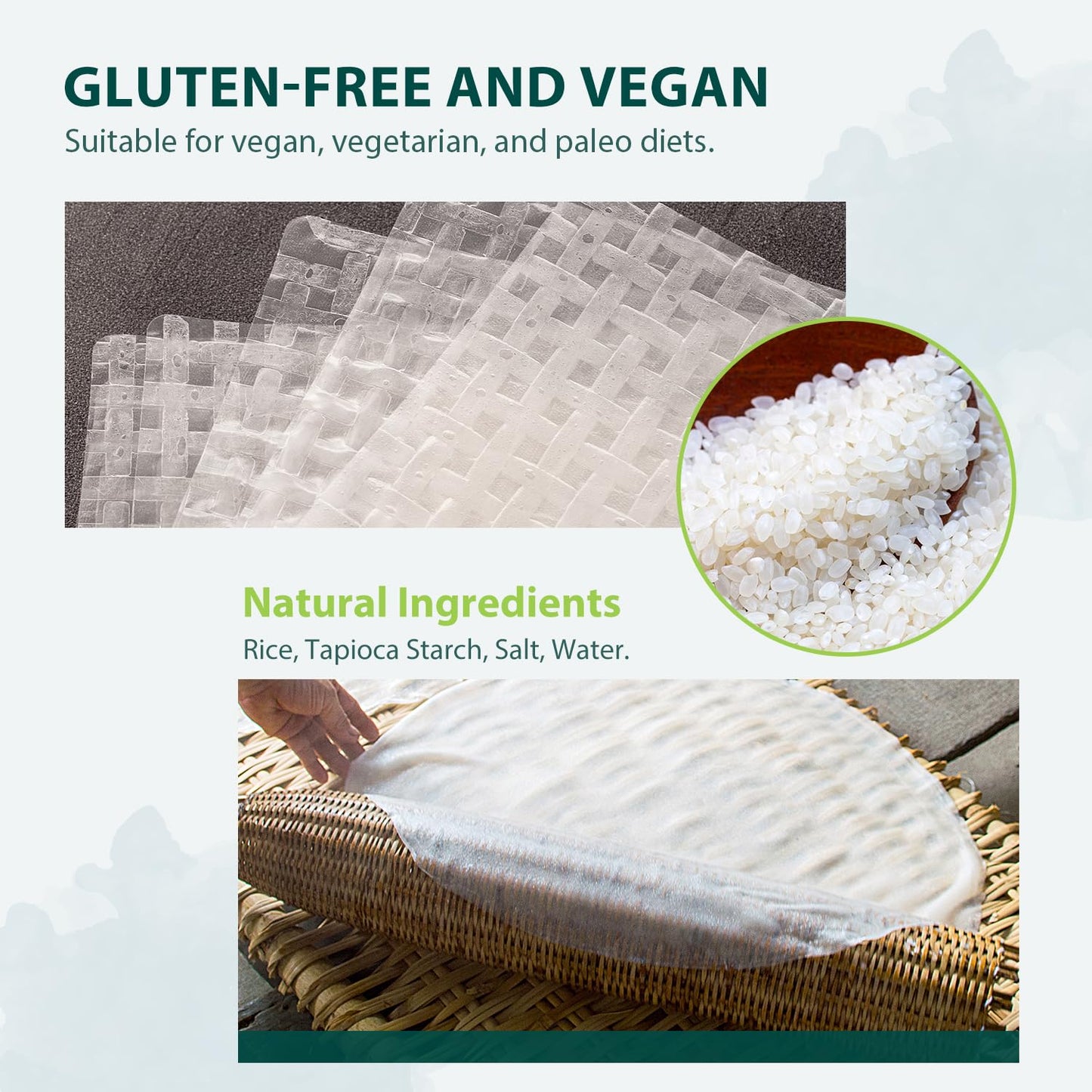Soeos Rice Paper, White Rice Paper Wrappers, 3 Pack, 102 Sheets-Fresh Spring Roll Wrappers & Dumplings, Non-GMO, Gluten-Free, Low Carb, Vietnamese Rice Wraps (Square, 22cm)