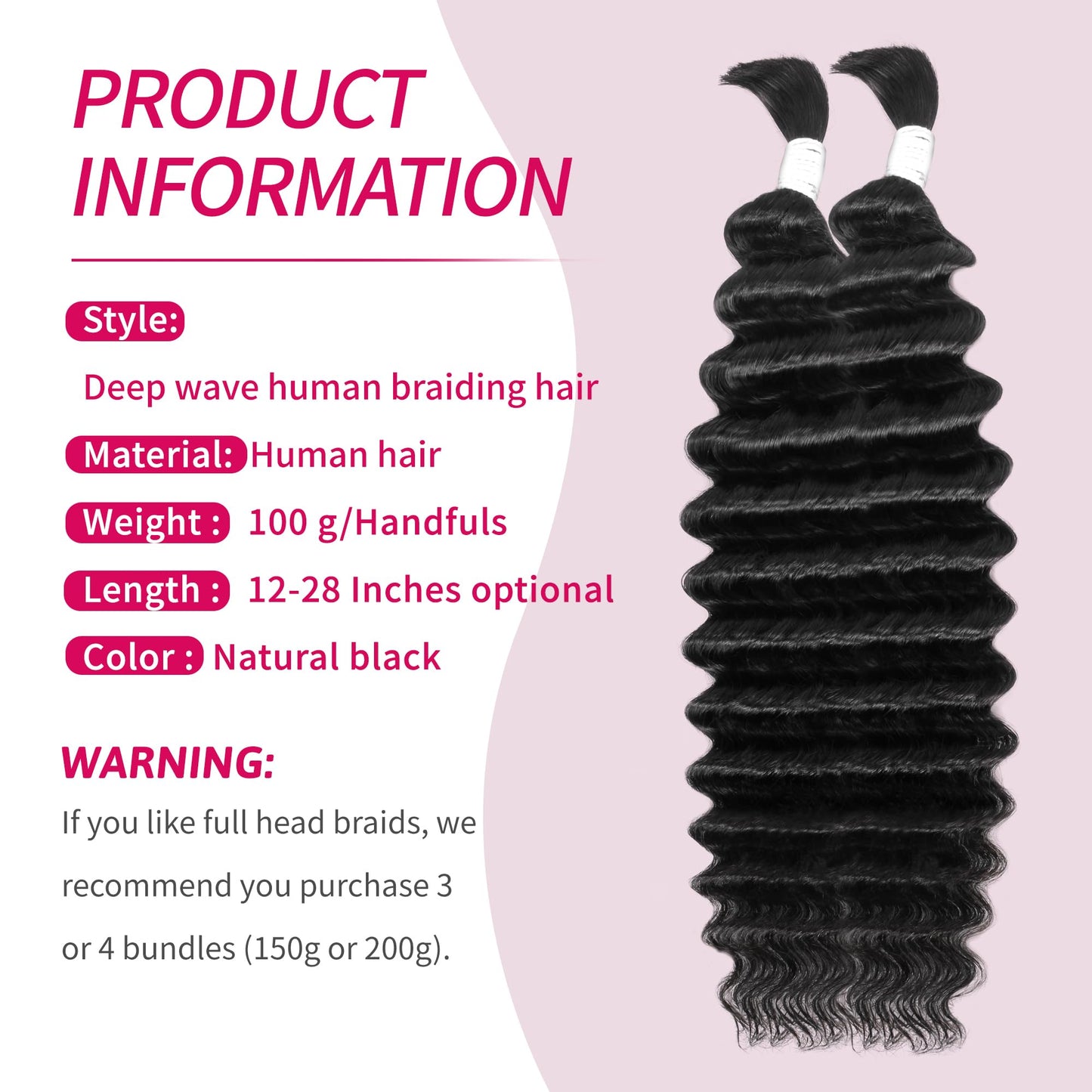 Deep Wave Bulk Human Hair for Braiding 10A Brazilian Curly 100 percent Human Hair 2 Bundles No Weft micro Human Braiding Hair for Boho Braids Virgin Hair Extension(Natural Black, 100g 16")