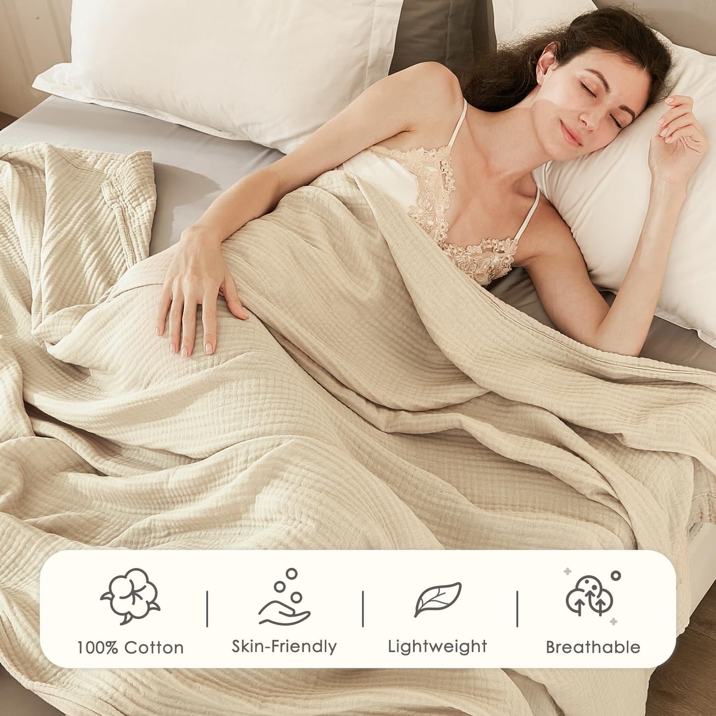 EMME Cotton Throw Blanket Gifts for Women 100% Muslin for Couch Breathable Gauze All Season Soft and Lightweight Pre-Washed（Throw XL 50"x71"）