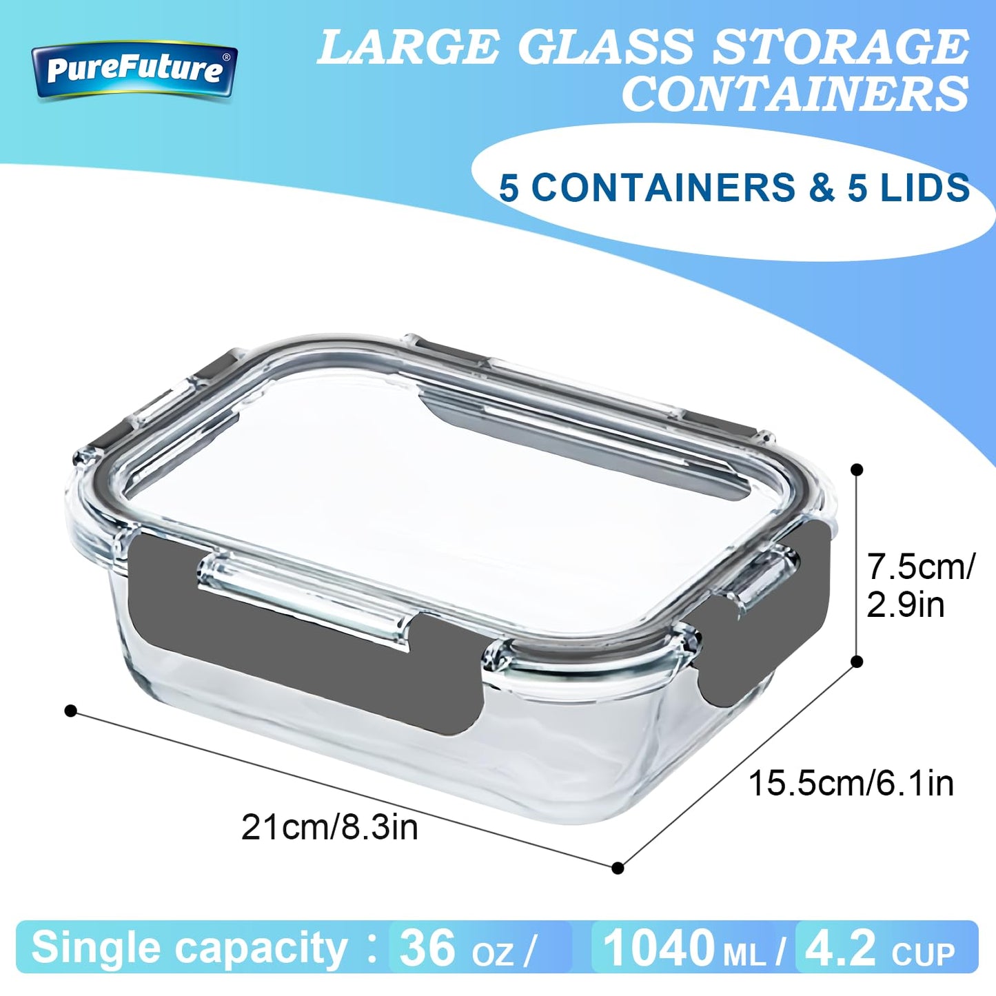 Pure Future 10-Piece Set (5-Pack, 36oz) Borosilicate Glass Food Storage Containers with Upgraded Detachable Locking Lids - Leak Proof Meal Prep Lunch Boxes, Oven/Microwave Safe