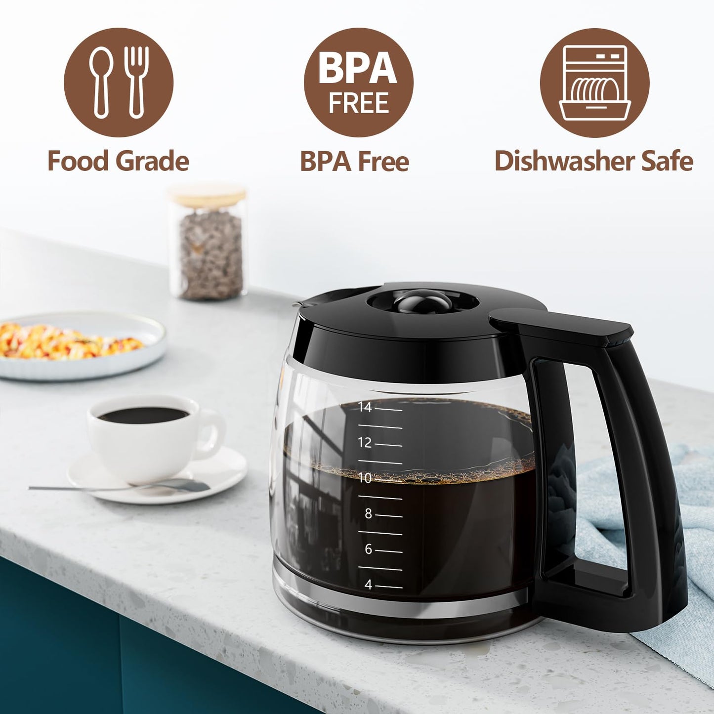 14-Cup Coffee Pot Replacement for Cuisinart Coffee Maker DCC-2200, DCC-2600, DCC-2800, DCC-3200, and DCC-3200P1, Glass Carafe Replacement for Cuisinart with Sturdy Handle, BPA Free, Dishwasher Safe