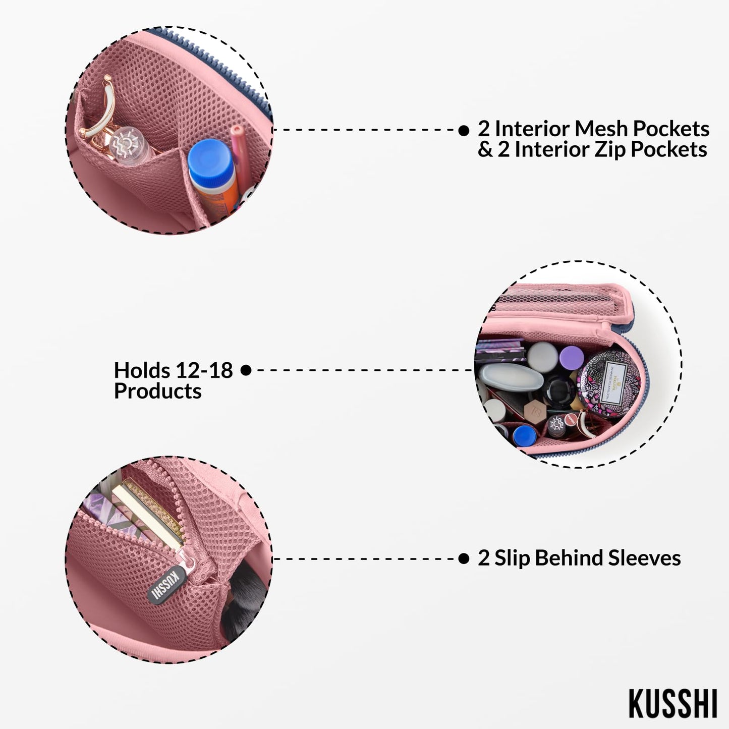 KUSSHI Neoprene Train Case Makeup Bag - Washable Makeup Travel Bag & Vanity Case for Stress Free Travel (Small, Pearl Blue/Sand Pink), Pearl Blue/Sand Pink, Small