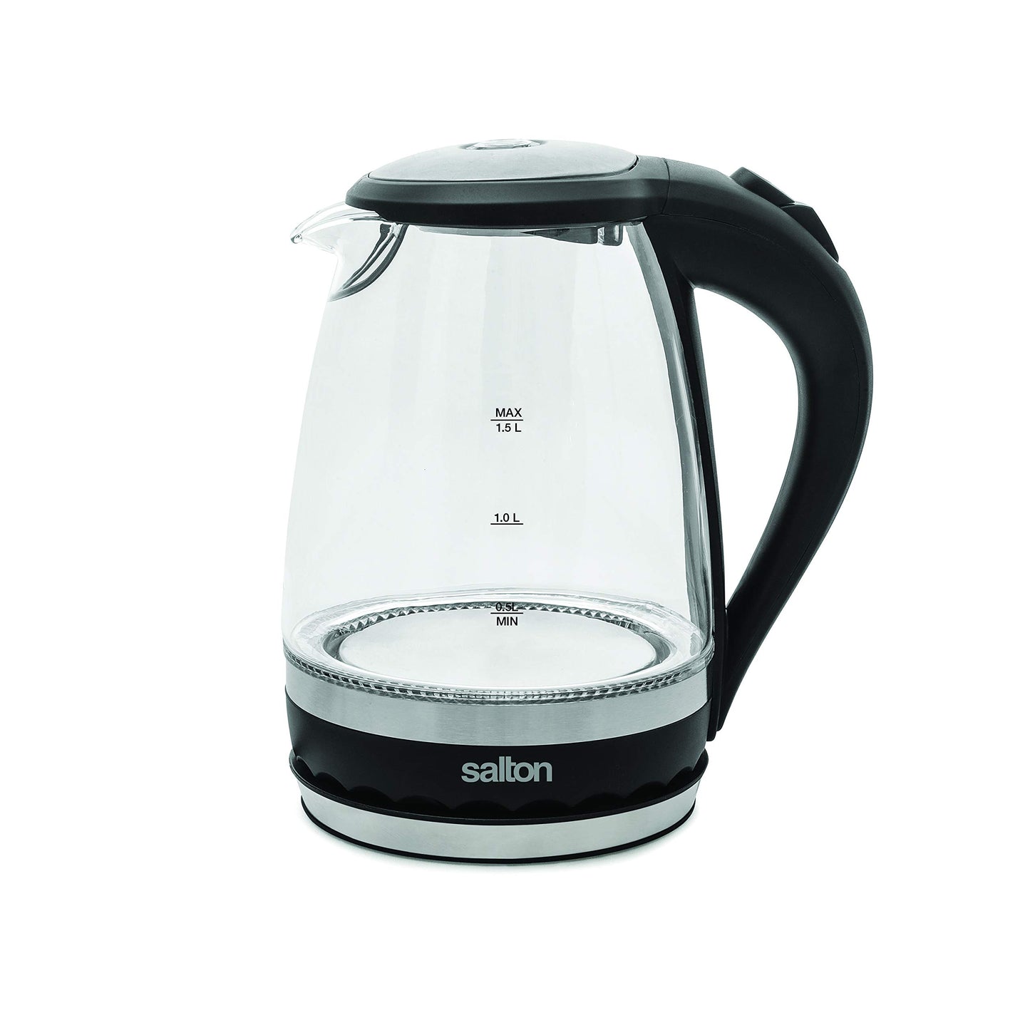 Salton Cordless Electric Glass Kettle - Compact 1.5L/Quart Water Boiler and Tea Heater with Automatic Shut-Off and Boil-Dry Protection, Soft Blue Illumination, Stainless Steel, 1100 Watts