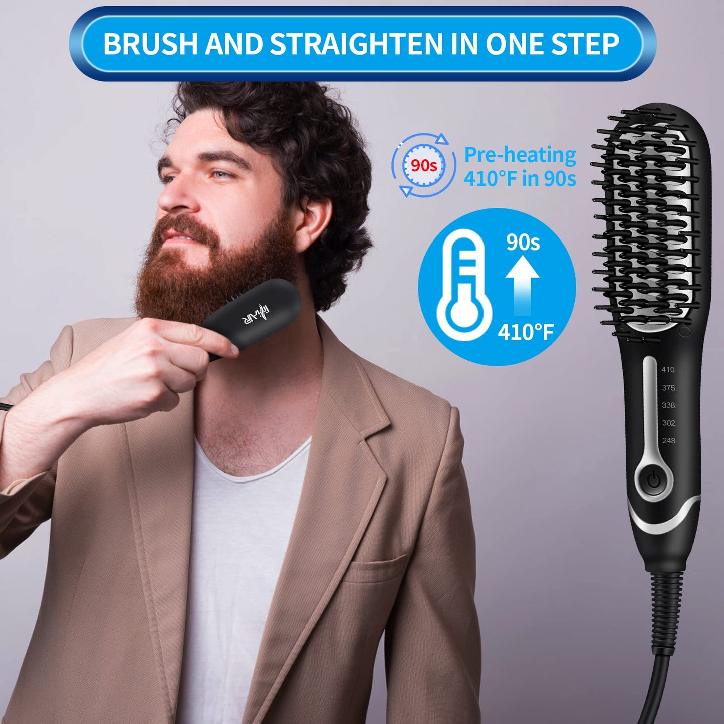 Beard Brush Premium Professional Beard Straightening Beard Comb Heated Beard Kit 3 in 1 Beard Straightening Comb 5 Temp Settings -Anti-Scald Feature for Men for Home and Travel