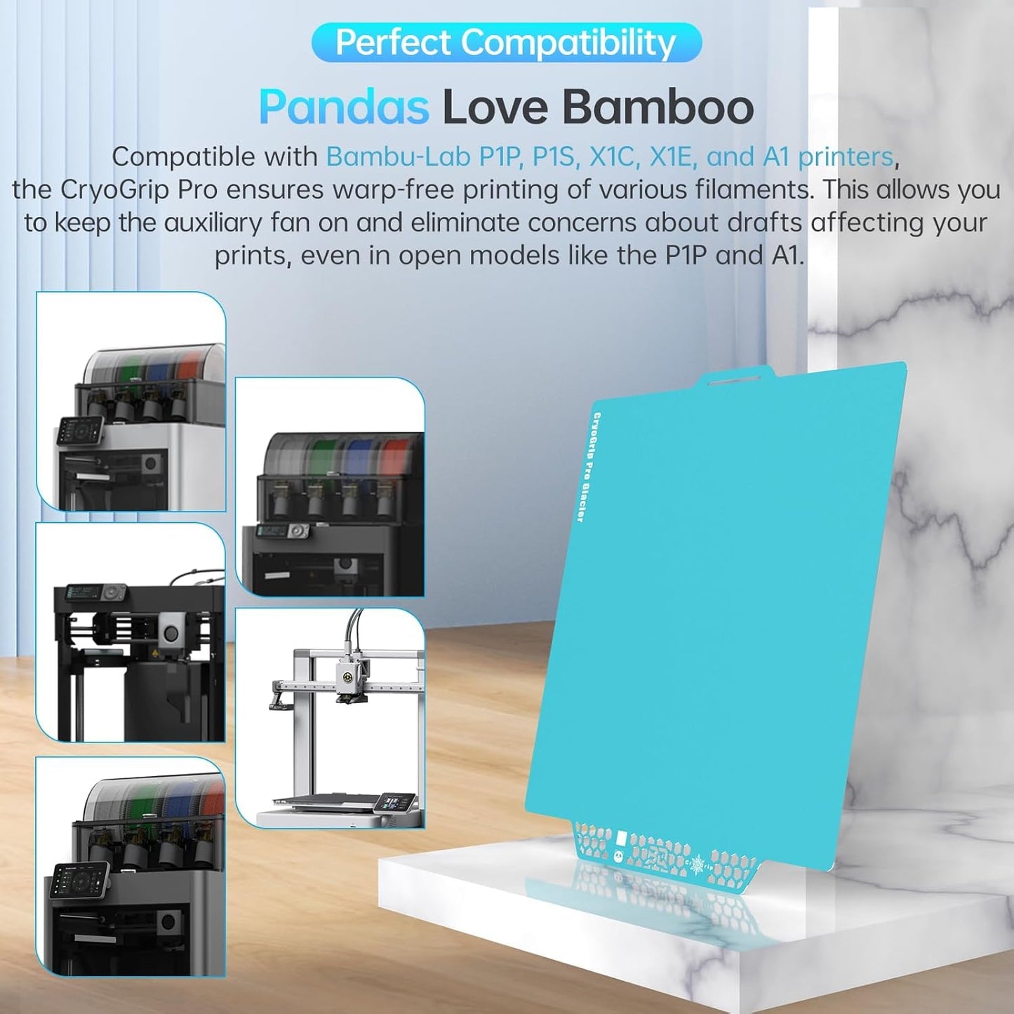 CryoGrip Pro Glacier for Bambu-Lab P1P/P1S/X1C/X1E/A1 3D Printers 257x257MM Panda BuildPlate Double Sided Fine Textured Spring Steel Sheet