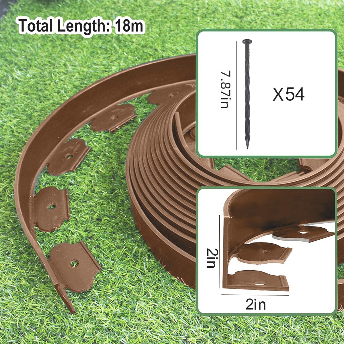 60ft Garden Edging Border,2in High Lawn Edging Borders with 54 Stakes,Flexible Landscape Edging No Dig,Plastic Landscaping Edging for Lawn,Yard,Grass,Flower Bed,Path -Brown