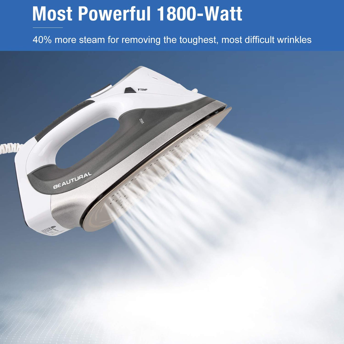 BEAUTURAL 1800-Watt Steam Iron with Digital LCD Screen, Double-Layer and Ceramic Coated Soleplate, 3-Way Auto-Off, 9 Preset Temperature and Steam Settings for Variable Fabric