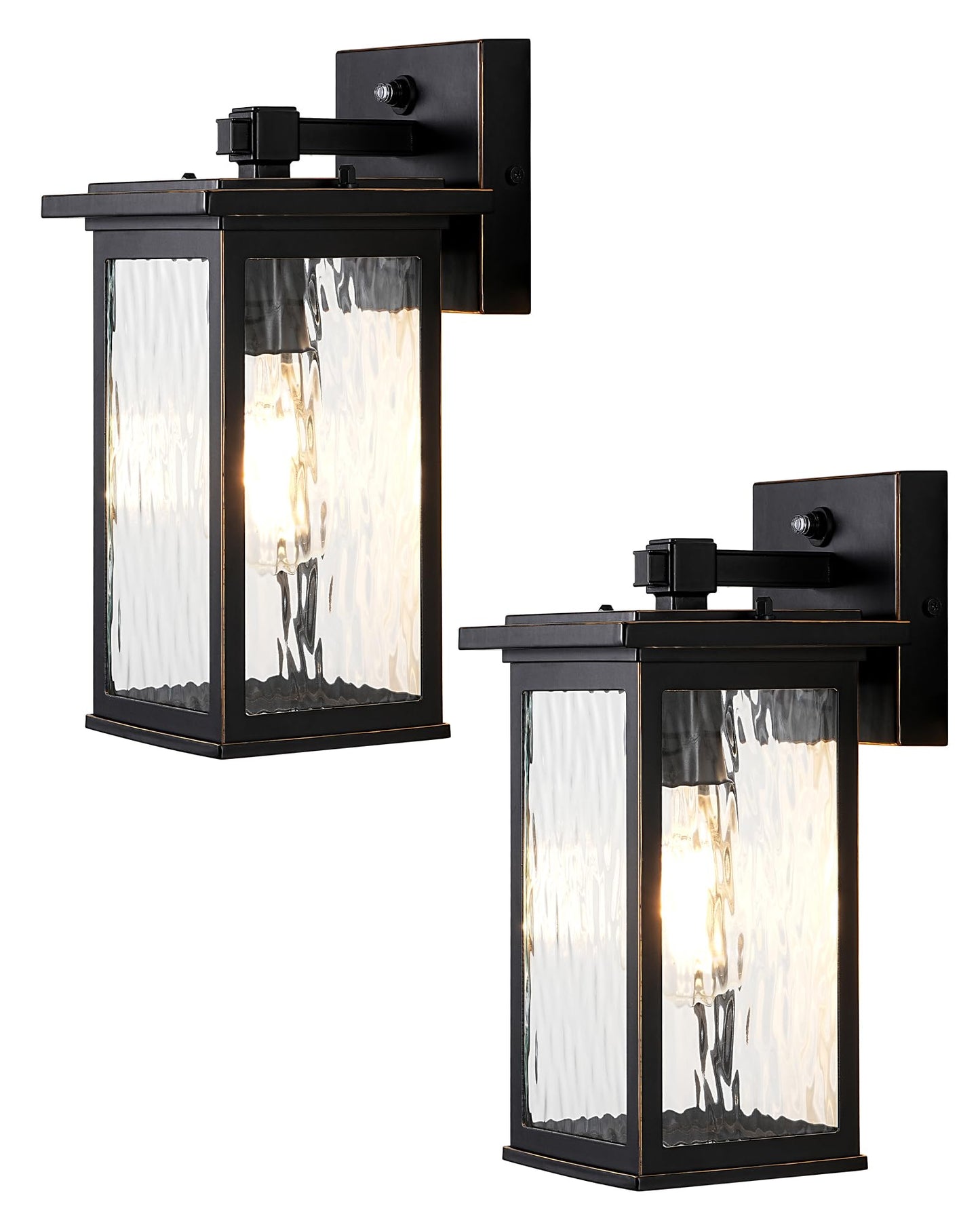 EDISHINE 2 Pack Outdoor Wall Light, Dusk to Dawn Exterior Light Fixture, Modern Porch Light Wall Mount Sconce, Clear Water Ripple Glass, Black Metal Outside Wall Lantern for Front Door Garage Patio