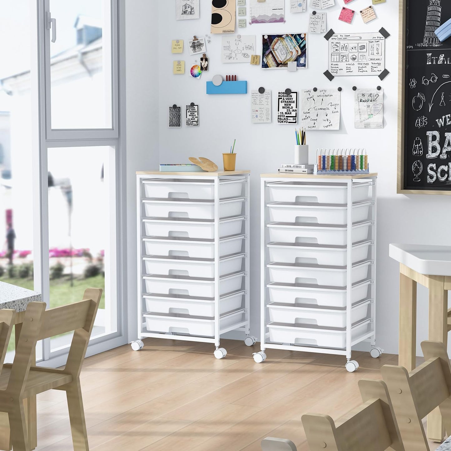 SYKIARIOL Utility Cart with 8 Drawer,Rolling Storage Cart with Wooden Tabletop and Lockable Wheels,Storage Drawer Cart with Large Capacity, 8 Tiers Drawer Cart for Home Office,Nature White