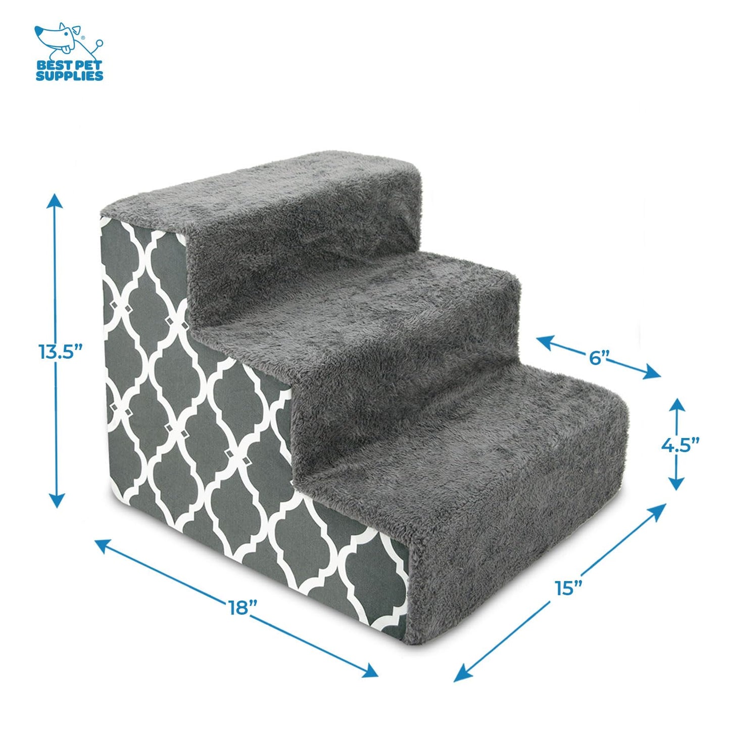Best Pet Supplies Foam Pet Steps for Small Dogs and Cats, Portable Ramp Stairs for Couch, Sofa, and High Bed Climbing, Non-Slip Balanced Indoor Step Support, Paw Safe - Gray Lattice Print, 3-Step