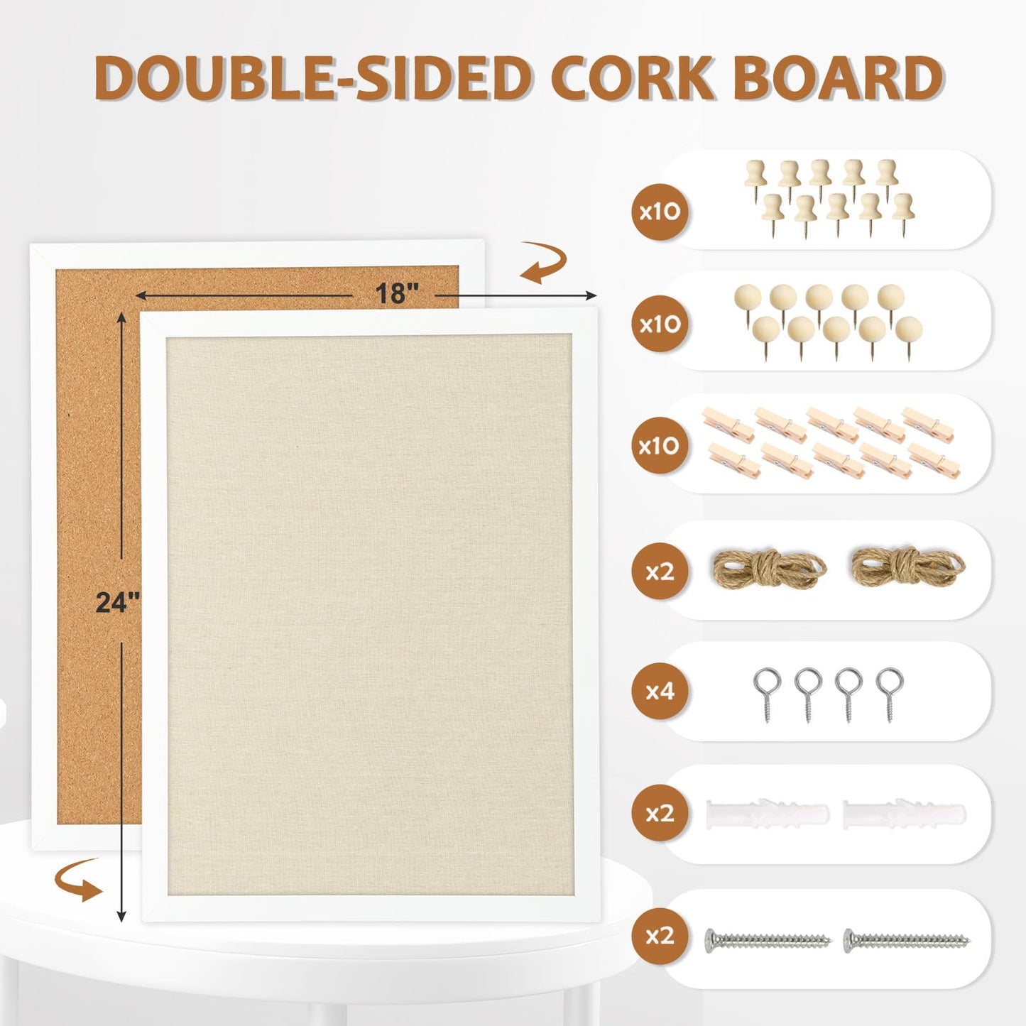 AMUSIGHT Double-Sided Large Cork Board with Linen, 24" x 18" Hanging Wood Framed Bulletin Board, Picture Display Vision Board Corkboards for Wall Room School Office Decor, 20 Pushpins,1pack