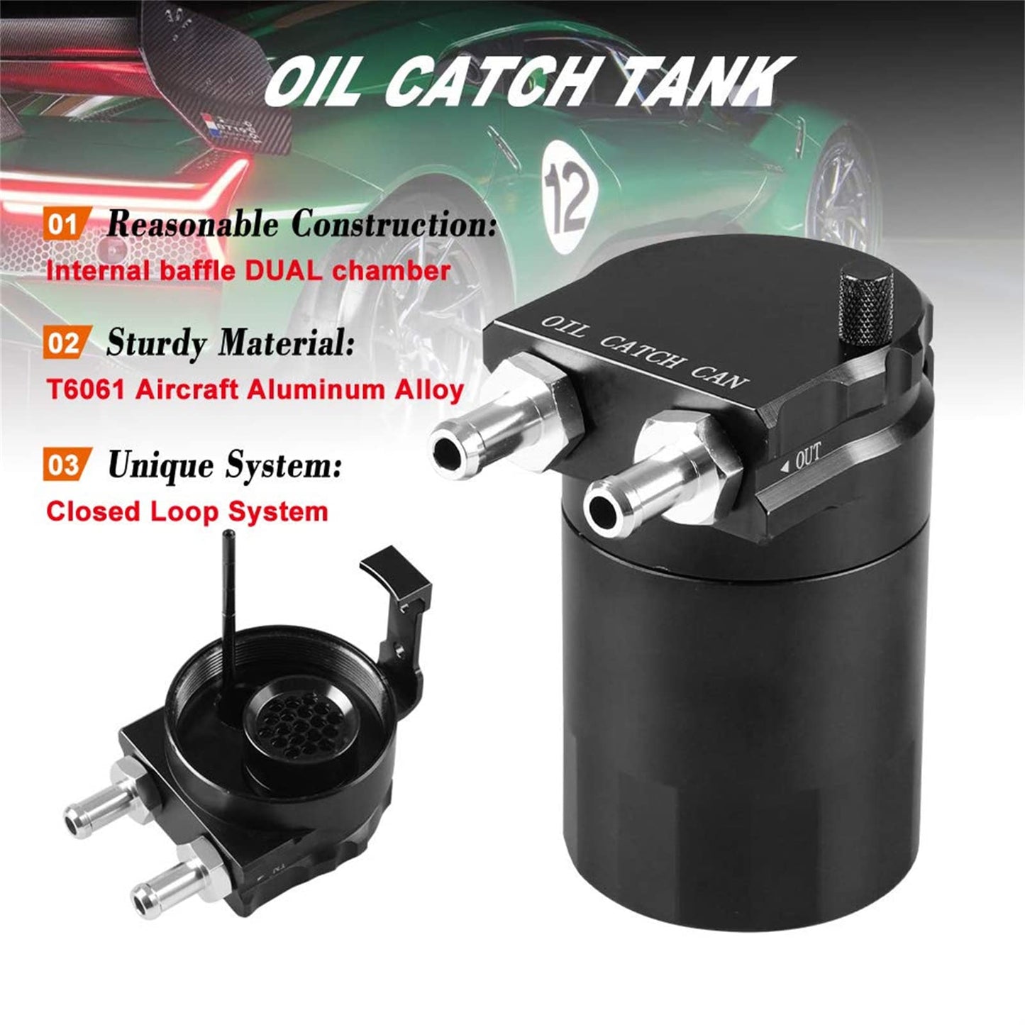 RULLINE Baffled Oil Catch Can Kit Reservoir Tank 350ml Oil Catch Tank Aluminum Universal Black