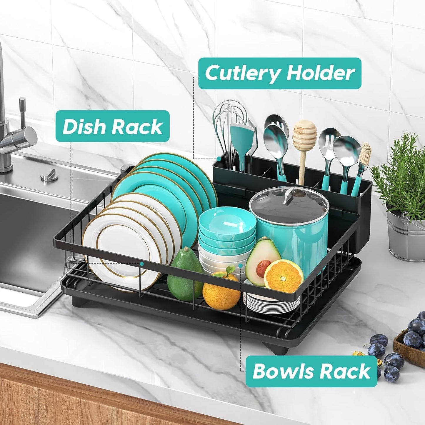 MERRYBOX Dish Racks with Drain Board -2 Tier Large Dish Drying Rack for Kitchen Counter, Dish Drainers with Large Utensil Holder,Cup Holder and Cutting Board Holder