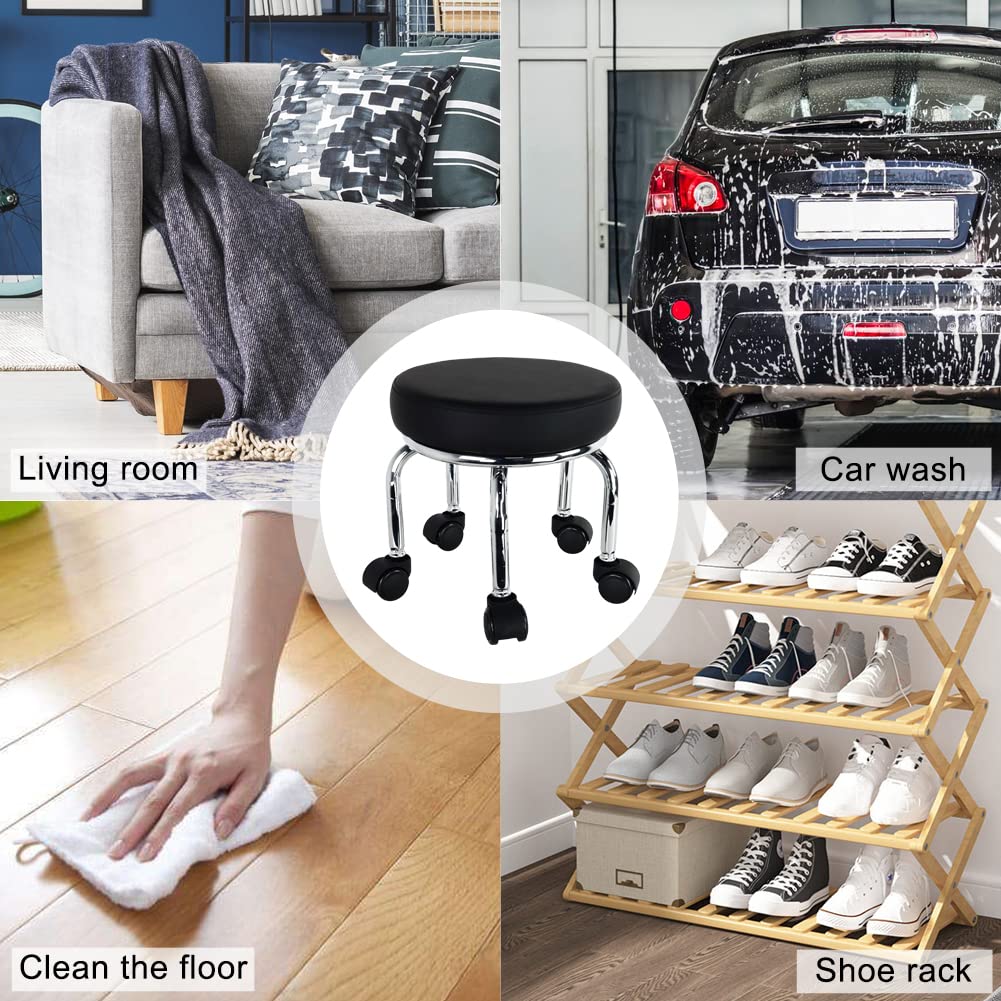 WKWKER Small Roller Stool PU Leather Wheeled Seat 360° Rotating Low Round Stool with Universal Wheels for Home Massage Garden Office Garage Shop Fitness Sports, H:31.5cm (Black)