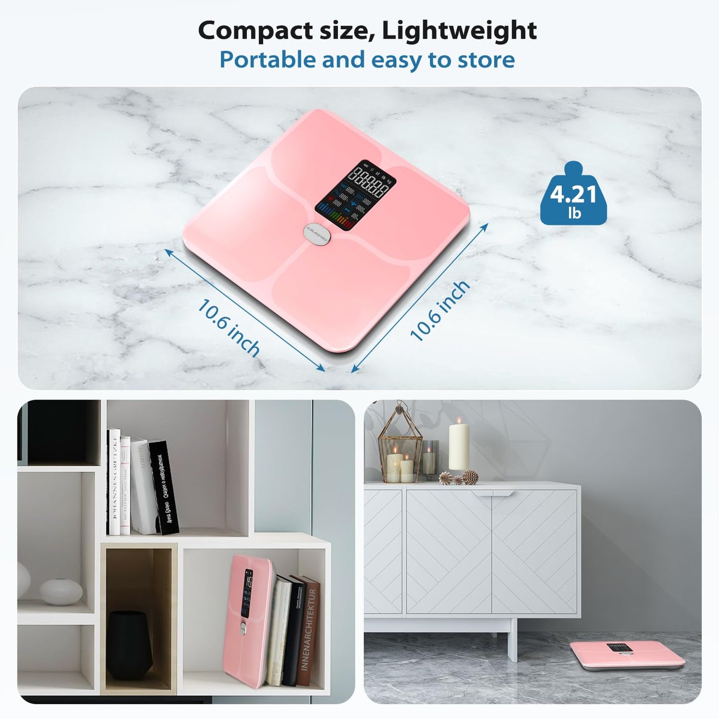 ABLEGRID Body Fat Scale,Digital Smart Bathroom Scale and Fat Percentage,Large LCD Display Screen,Rechargeable Body Composition Analyzer for BMI,Heart Rate,Baby Mode,400lb-Rosegold