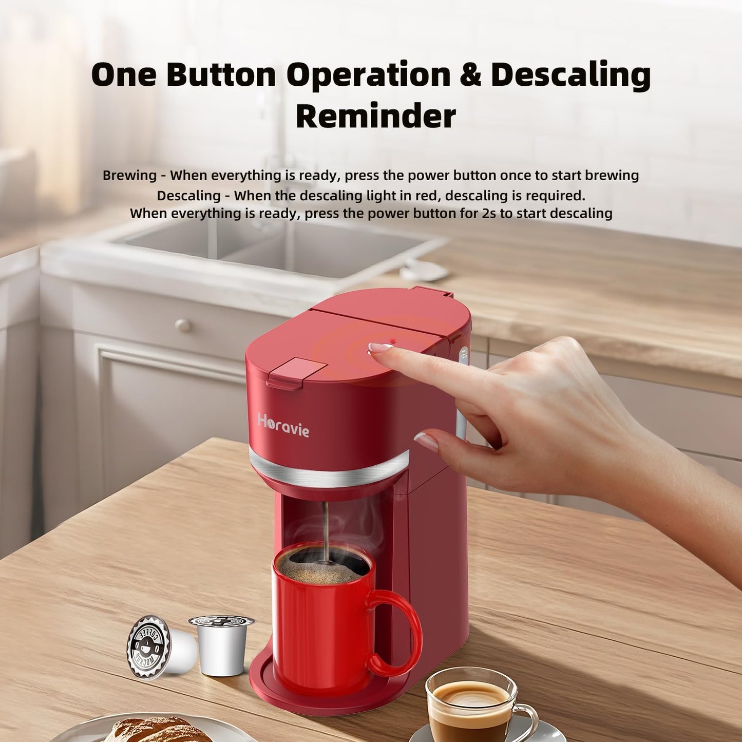 Single Serve Coffee Maker Machine for K-Cup and Ground Coffee, 6 to 12 oz. Brew Sizes, Fast Brew Single Cup Coffee Machine with Descaling Reminder and Water Window, Perfect for Small Spaces, Red