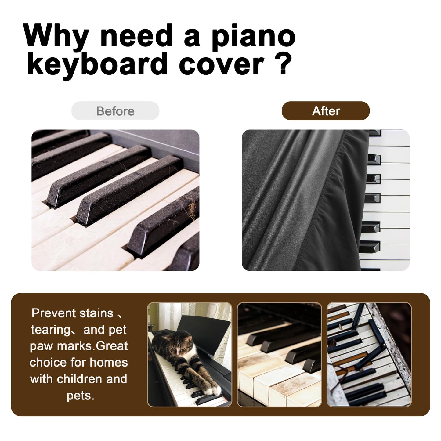 Explore Land Premium Piano Keyboard Dust Cover with Music Stand Opening - Stretchy Leather Piano Protector for 61-88 Keys Digital Electronic Piano (Black,88)