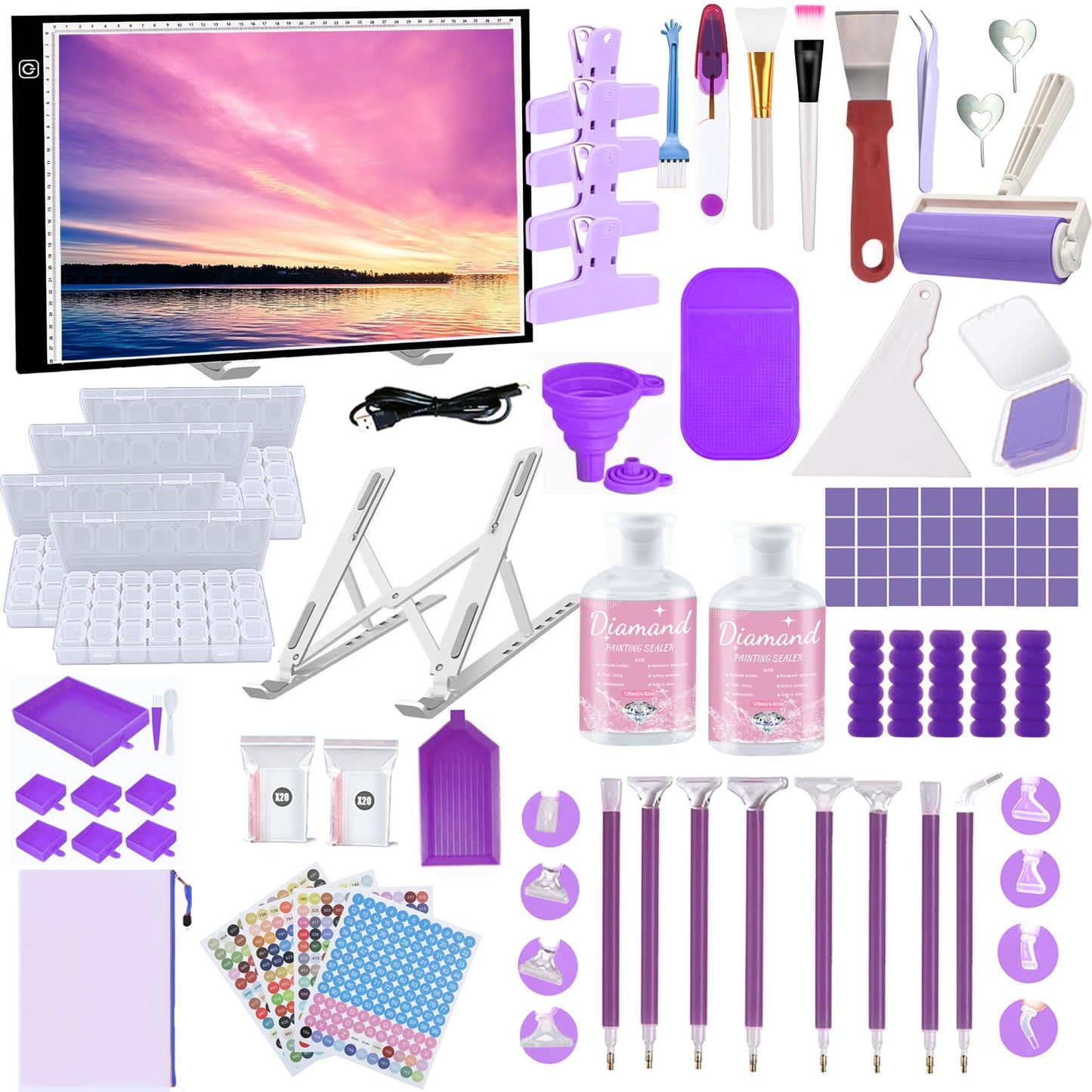 NLXCXUCY 244Pcs Diamond Art Accessories Kit All-Inclusive Diamond Painting Tool Set with A3 Diamond Painting Light Pad,Diamond Art Sealer Glue, Diamond Correction Pens, Storage Box for DIY Craft