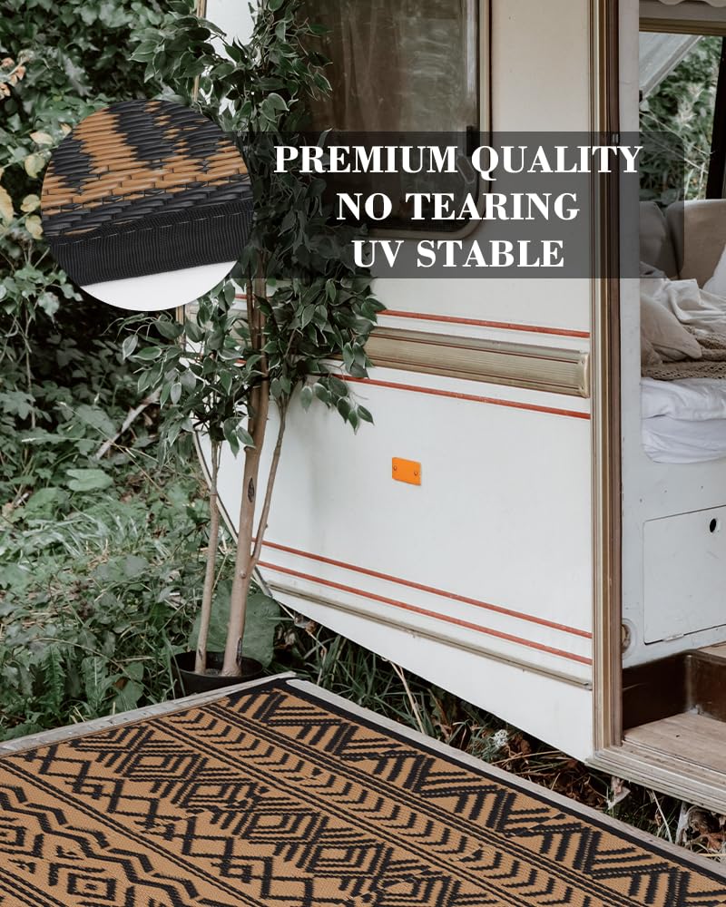 MontVoo-Outdoor Rug 8x10ft Waterproof Outdoor Carpet Patio RV Camping Rug-Outdoor Area Rug Mat for Portable Boho Rugs Deck Picnic Backyard Porch Beach Black Brown