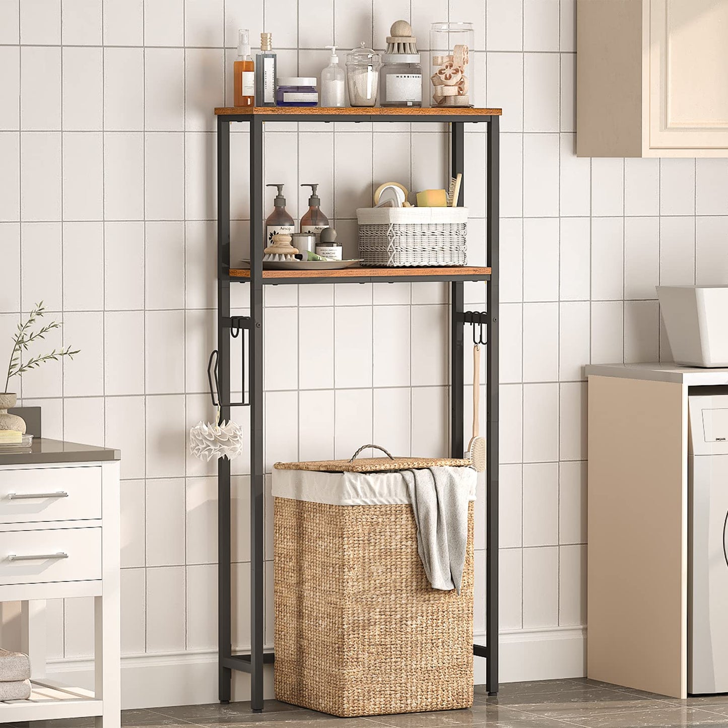 HOOBRO Over The Toilet Storage, 2-Tier Over Toilet Bathroom Organizer Shelf, with Toilet Paper Holder and Hooks, Sturdy and Durable, for Bathroom, Toilets, Rustic Brown and Black BF49TS01