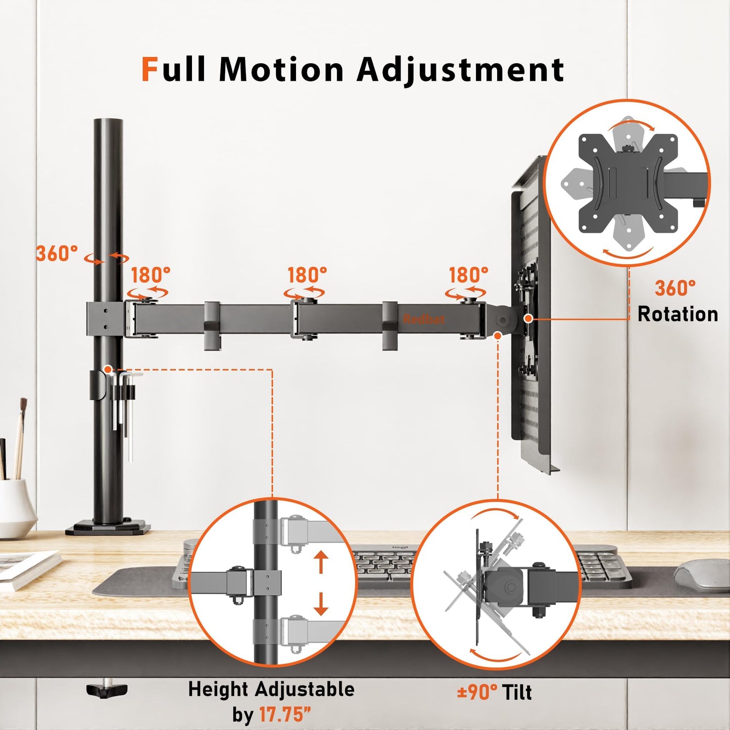 Redbat Laptop Arm for Laptop/Notebook up to 17 inch, Height Adjustable Laptop Arm for Desk Weight up to 22lbs, Laptop Mount with 2 Mounting Options, VESA 75/100 for Monitor 13-32 inch, Black