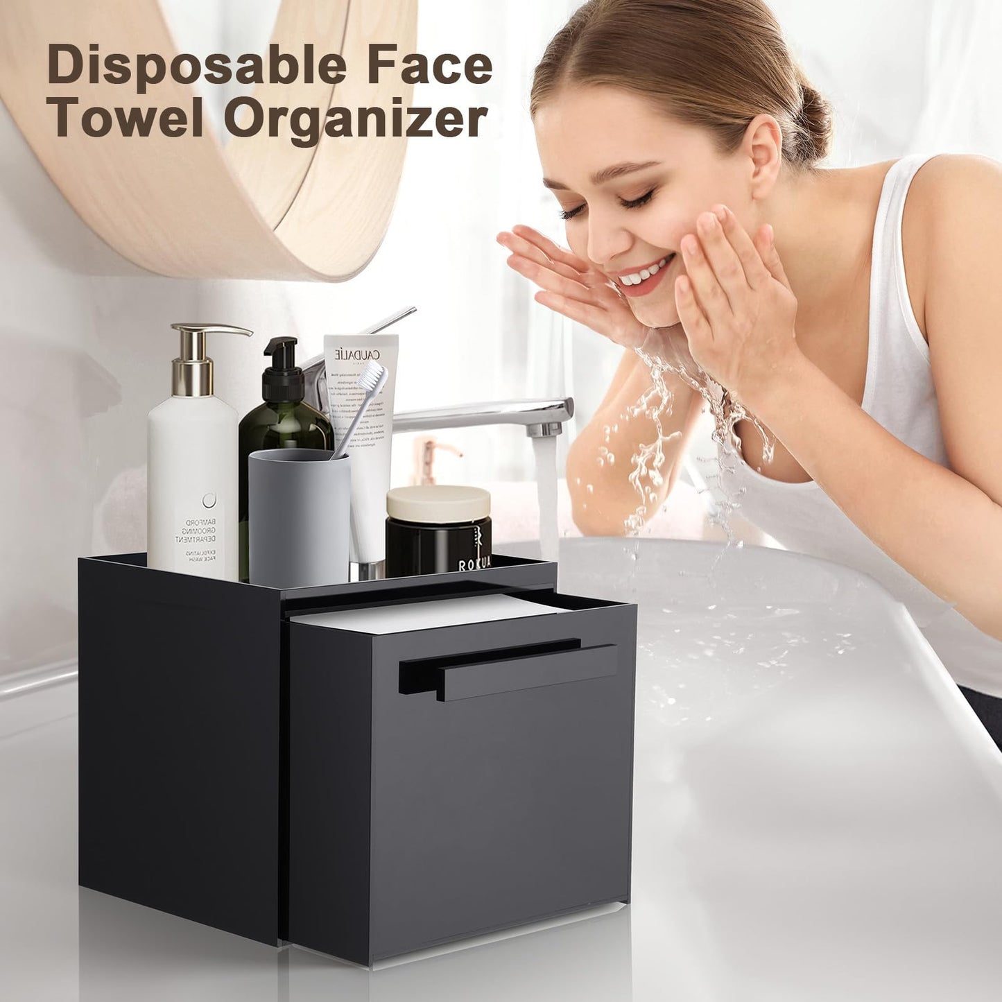TAINESS Disposable Face Towel Storage Box Compatible with Clean Skin Club Clean Towel XL Acrylic Cosmetic Organizer Container Box Facial Towels Holder with Drawer Wall-Mounted (Black)