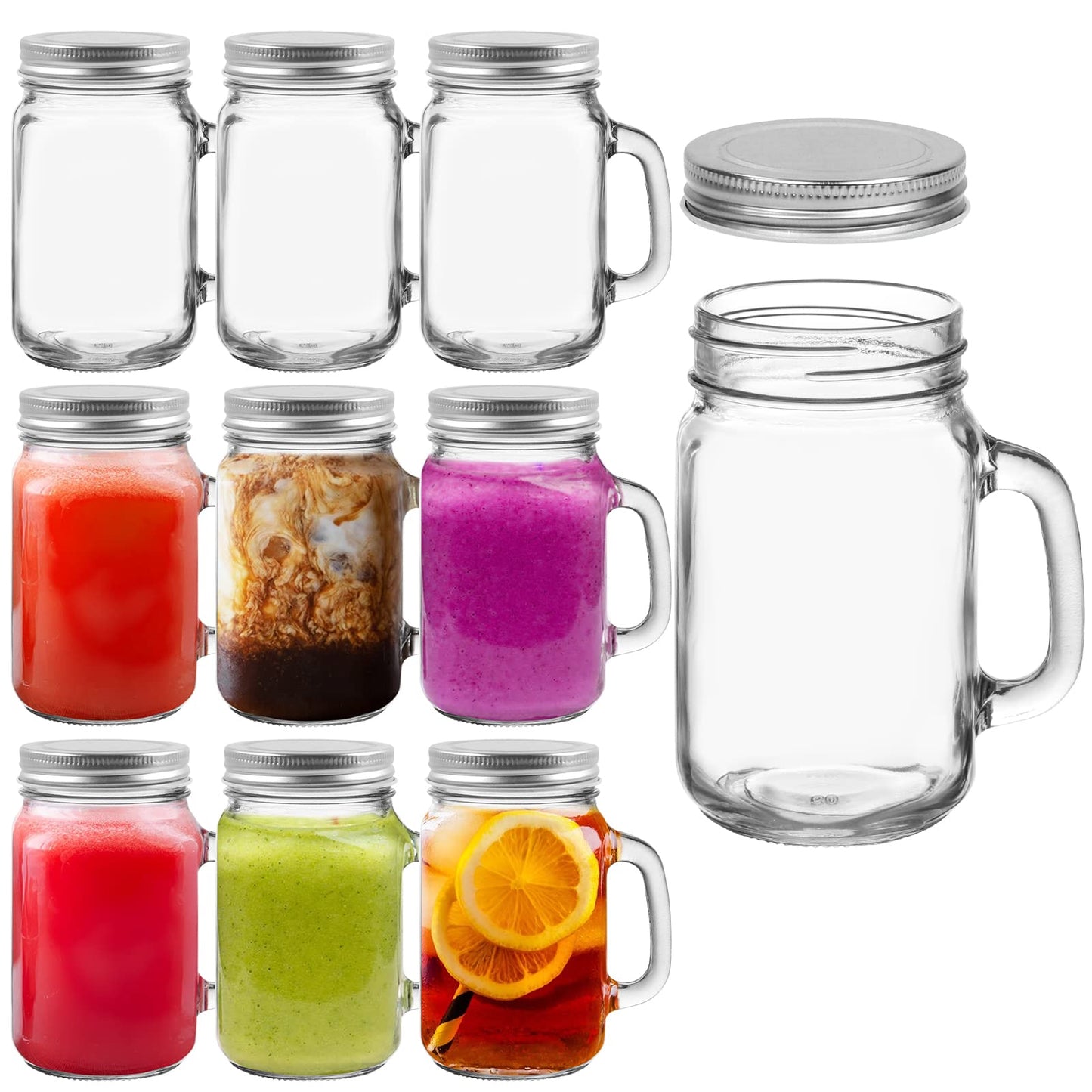 16 oz Glass Mason with Lids,9 Pack Reusable Mason Jars with Handle,Glass Overnight Oats Jar,Drinking Jars,Beer Mugs for Smoothies,Preserve,Cocktails,Party Favors