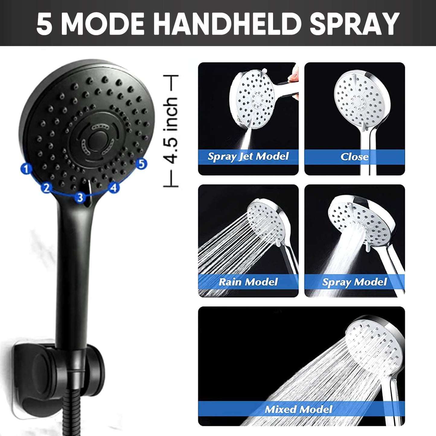 10 Inch Matte Black Rainfall Handheld Shower Head Combo Set GIFTQOOL High Pressure 5 Modes Dual Shower Head with Adjustable Rain Extension Arm, Hose, Holder Pomme De Douche