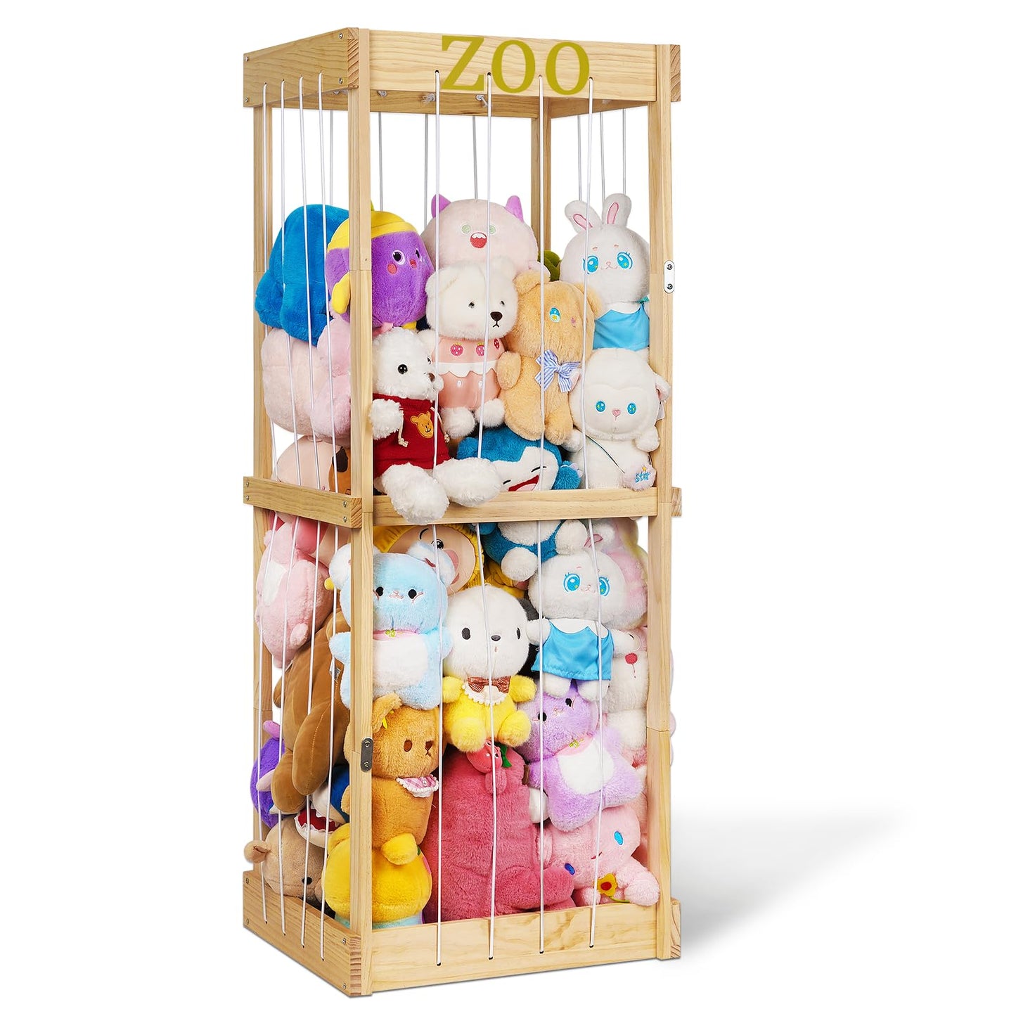 Trycooling Stuffed Animal Zoo Wood Stuffed Animals Storage Cage with Zoo Pattern Elastic Band for Nursery Play Room Bedroom (Wood)