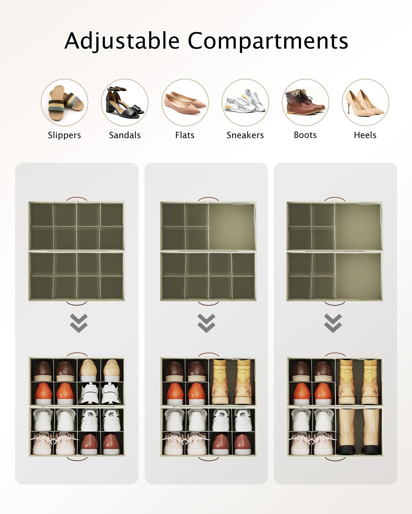 Oterri 2 Pack Shoe Storage Boxes, Shoes Organizer Bins Stackable Detachable Fit for Narrow Closet Shelves and Tight Corners, Shoeboxes with Clear Lids, Mesh Pockets and Sturdy Handles(Beige)