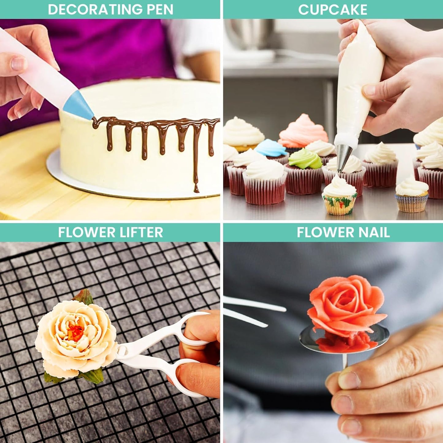 RFAQK 130 PCs Cake Decorating Kit Supplies with Cake Turntable-Cake leveler-24 Numbered Piping Tips with Pattern Chart & EBook- Straight & Offset Spatula-50 Piping Bags-3 Scraper Set-40 Cupcake Liners
