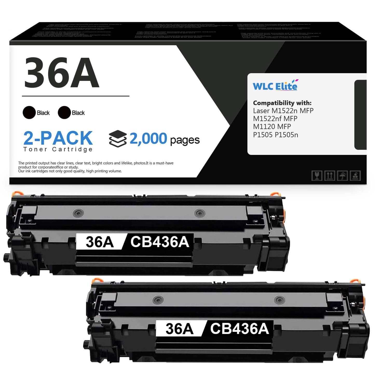 36A Toner Cartridge Black 2 Pack CB436A Replacement for HP 36A CB436A Toner Laser M1522n MFP M1522nf MFP M1120 MFP P1505 P1505n Printer