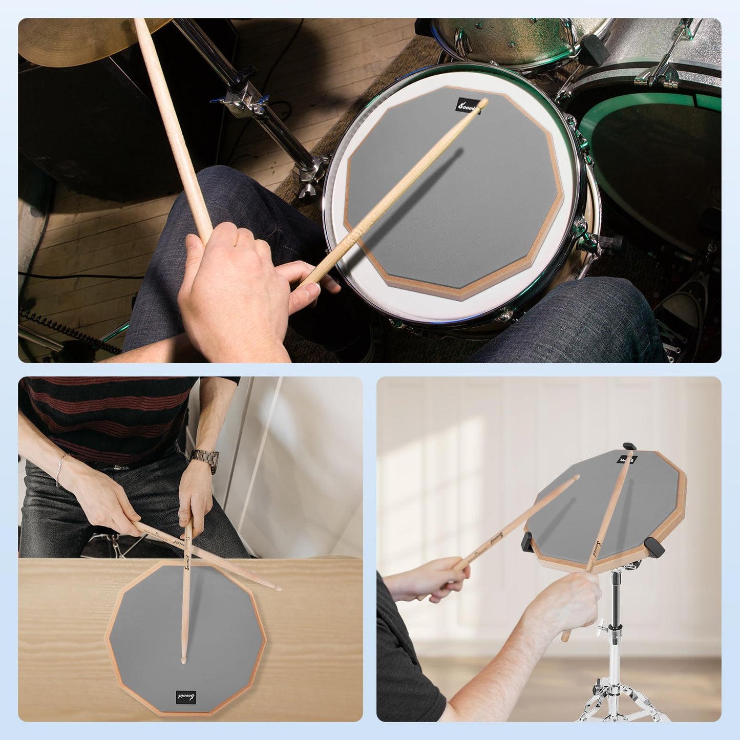 Sovvid 12 Inches Drum Pad and 5A Drum Sticks, Double Sided Snare Drum Practice Pad for Drummers, Silent Practice Drum Pad with Storage Bag - Gray