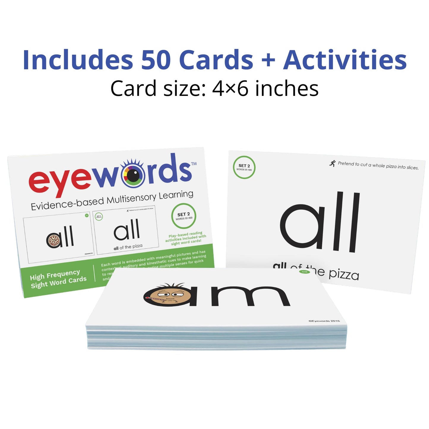 Eyewords Multisensory Sight Word & Phonics Flash Cards, Set 2 (High-Frequency Words 51-100) - Kinesthetic Learning, Picture-Embedded - Pre-K - Grade 2 - Homeschool & Classroom Use - Model EW-23